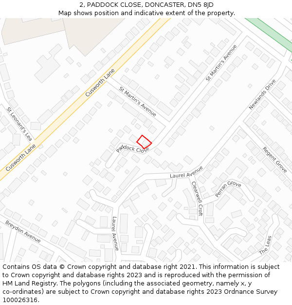 2, PADDOCK CLOSE, DONCASTER, DN5 8JD: Location map and indicative extent of plot