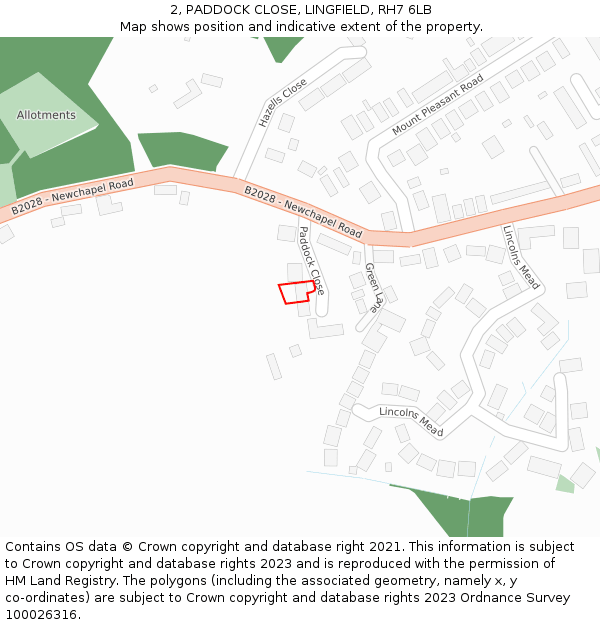 2, PADDOCK CLOSE, LINGFIELD, RH7 6LB: Location map and indicative extent of plot