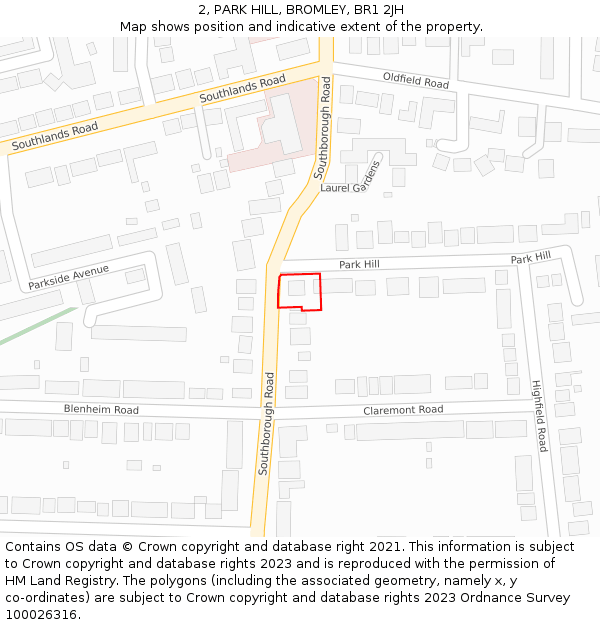 2, PARK HILL, BROMLEY, BR1 2JH: Location map and indicative extent of plot