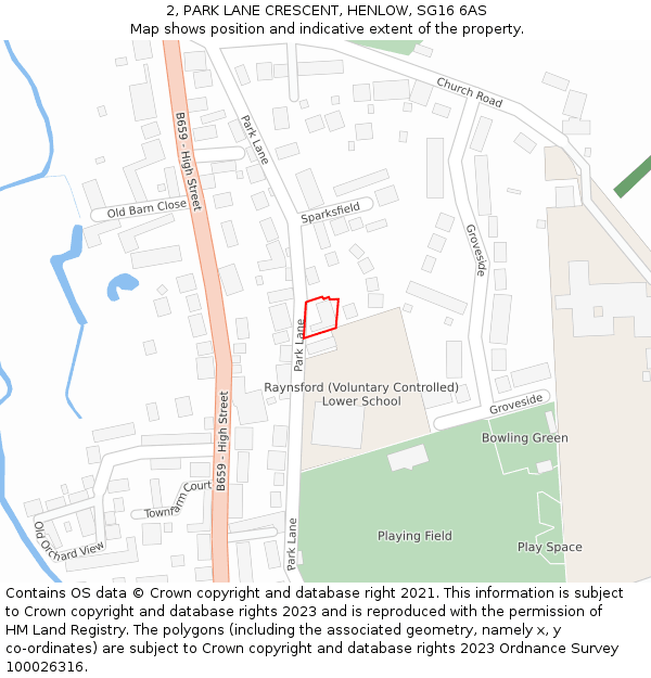 2, PARK LANE CRESCENT, HENLOW, SG16 6AS: Location map and indicative extent of plot