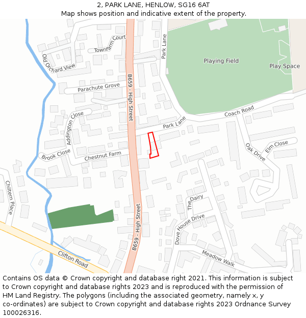 2, PARK LANE, HENLOW, SG16 6AT: Location map and indicative extent of plot