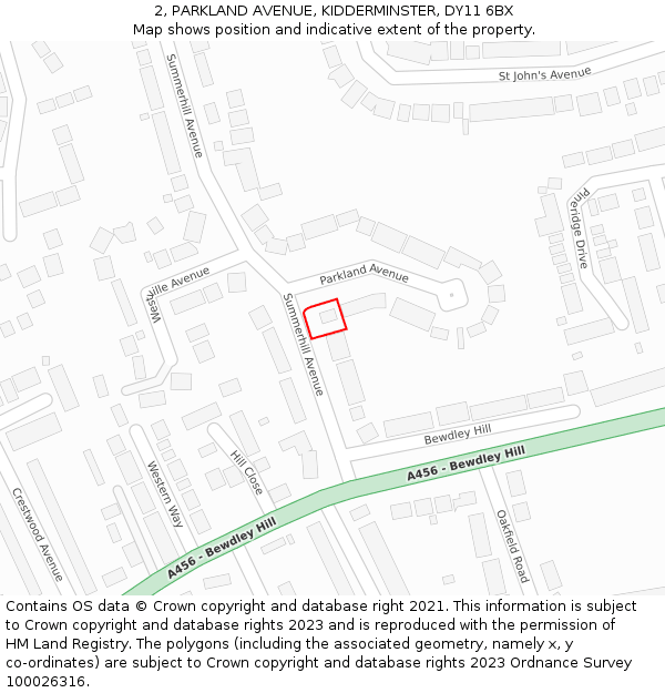 2, PARKLAND AVENUE, KIDDERMINSTER, DY11 6BX: Location map and indicative extent of plot