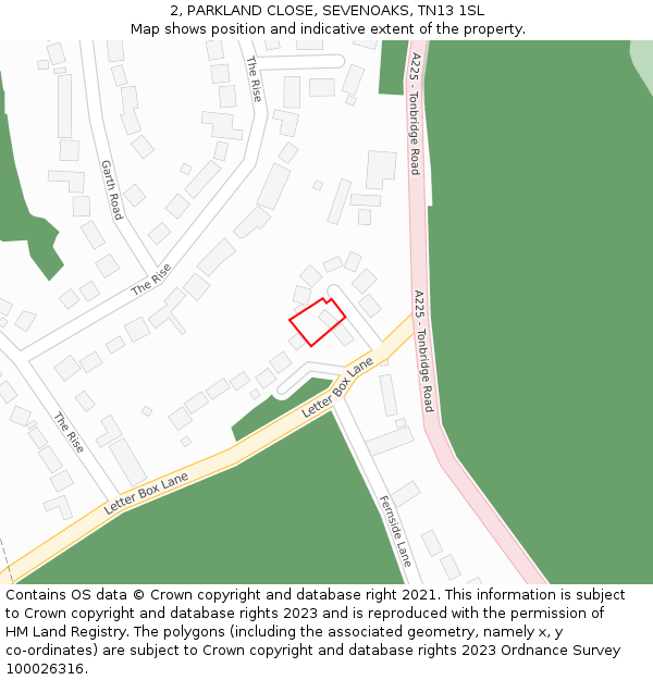 2, PARKLAND CLOSE, SEVENOAKS, TN13 1SL: Location map and indicative extent of plot