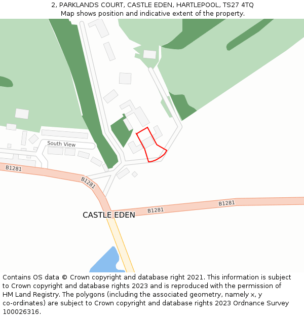 2, PARKLANDS COURT, CASTLE EDEN, HARTLEPOOL, TS27 4TQ: Location map and indicative extent of plot