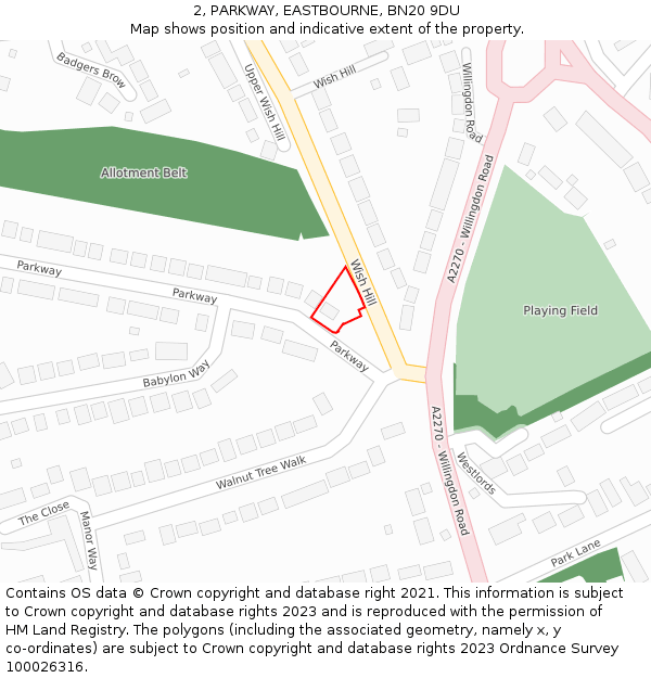 2, PARKWAY, EASTBOURNE, BN20 9DU: Location map and indicative extent of plot