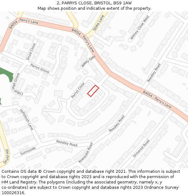 2, PARRYS CLOSE, BRISTOL, BS9 1AW: Location map and indicative extent of plot
