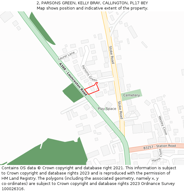 2, PARSONS GREEN, KELLY BRAY, CALLINGTON, PL17 8EY: Location map and indicative extent of plot