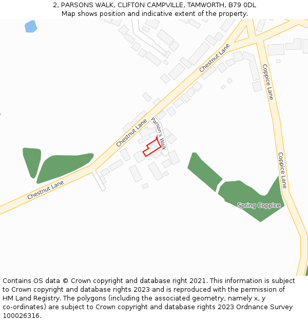2, PARSONS WALK, CLIFTON CAMPVILLE, TAMWORTH, B79 0DL: Location map and indicative extent of plot