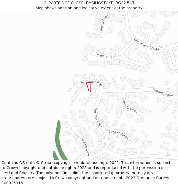 2, PARTRIDGE CLOSE, BASINGSTOKE, RG22 5UT: Location map and indicative extent of plot