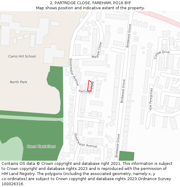 2, PARTRIDGE CLOSE, FAREHAM, PO16 8YF: Location map and indicative extent of plot