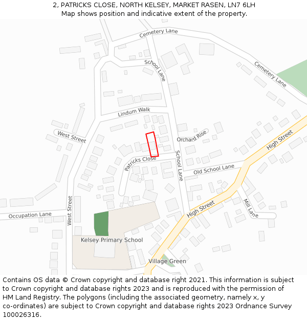 2, PATRICKS CLOSE, NORTH KELSEY, MARKET RASEN, LN7 6LH: Location map and indicative extent of plot