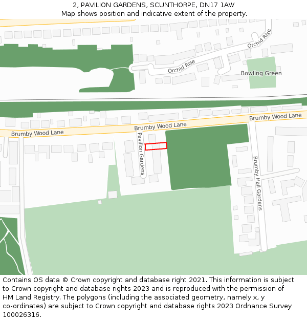 2, PAVILION GARDENS, SCUNTHORPE, DN17 1AW: Location map and indicative extent of plot