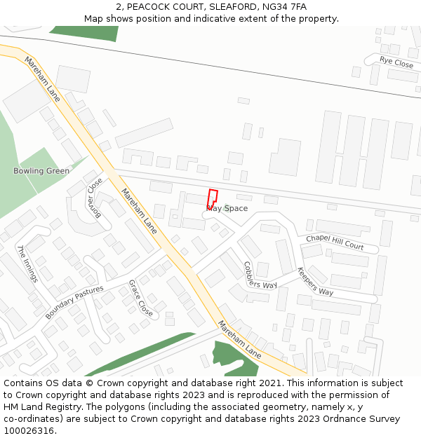 2, PEACOCK COURT, SLEAFORD, NG34 7FA: Location map and indicative extent of plot