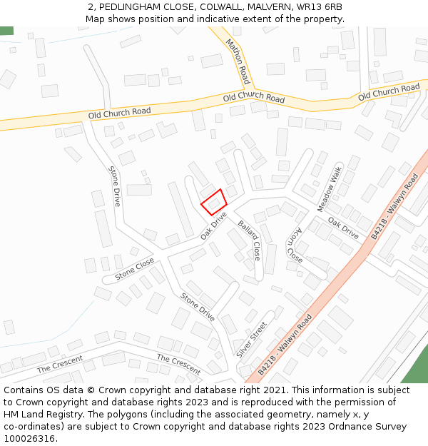 2, PEDLINGHAM CLOSE, COLWALL, MALVERN, WR13 6RB: Location map and indicative extent of plot