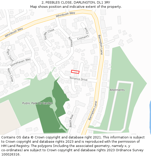 2, PEEBLES CLOSE, DARLINGTON, DL1 3RY: Location map and indicative extent of plot