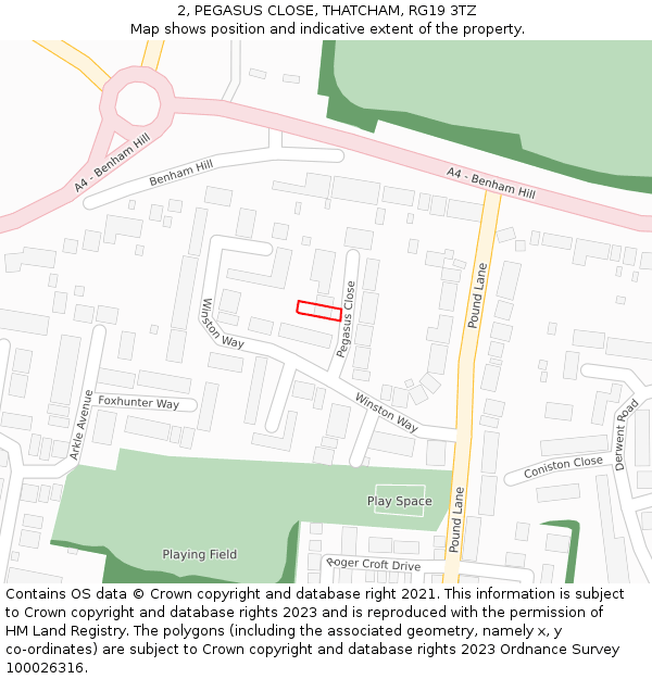 2, PEGASUS CLOSE, THATCHAM, RG19 3TZ: Location map and indicative extent of plot