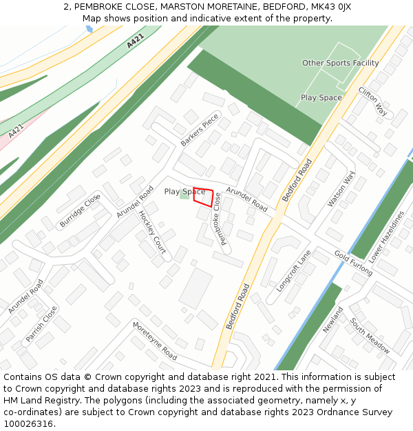 2, PEMBROKE CLOSE, MARSTON MORETAINE, BEDFORD, MK43 0JX: Location map and indicative extent of plot