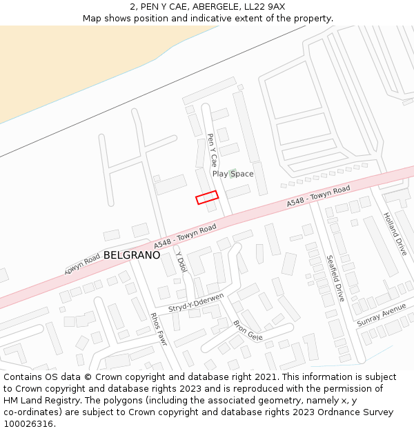 2, PEN Y CAE, ABERGELE, LL22 9AX: Location map and indicative extent of plot