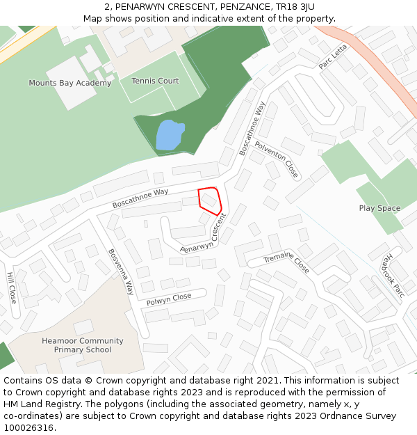 2, PENARWYN CRESCENT, PENZANCE, TR18 3JU: Location map and indicative extent of plot