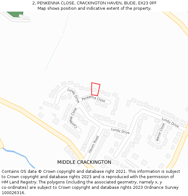 2, PENKENNA CLOSE, CRACKINGTON HAVEN, BUDE, EX23 0PF: Location map and indicative extent of plot