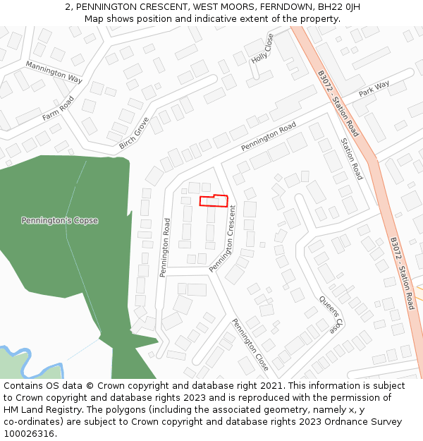 2, PENNINGTON CRESCENT, WEST MOORS, FERNDOWN, BH22 0JH: Location map and indicative extent of plot
