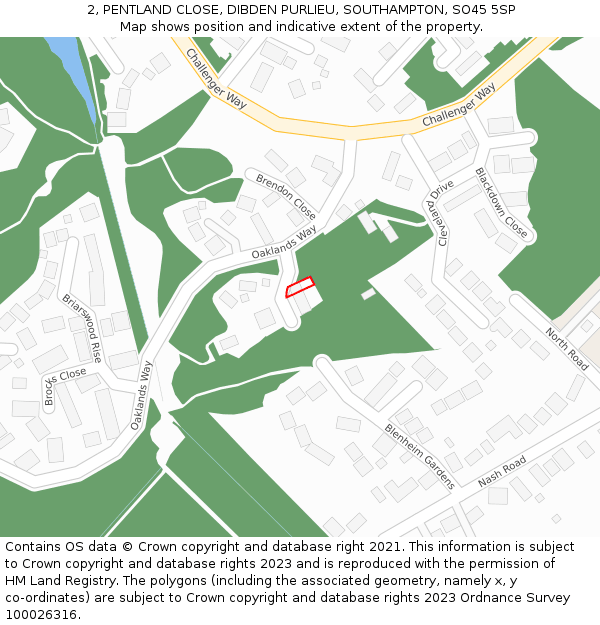2, PENTLAND CLOSE, DIBDEN PURLIEU, SOUTHAMPTON, SO45 5SP: Location map and indicative extent of plot