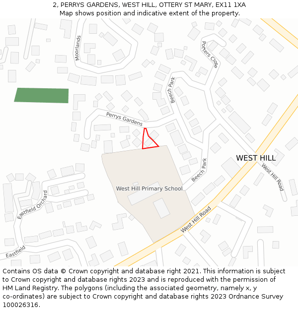 2, PERRYS GARDENS, WEST HILL, OTTERY ST MARY, EX11 1XA: Location map and indicative extent of plot