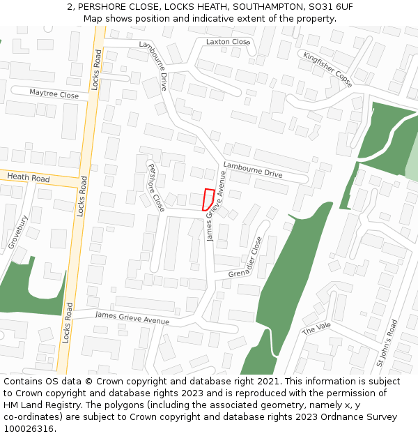 2, PERSHORE CLOSE, LOCKS HEATH, SOUTHAMPTON, SO31 6UF: Location map and indicative extent of plot