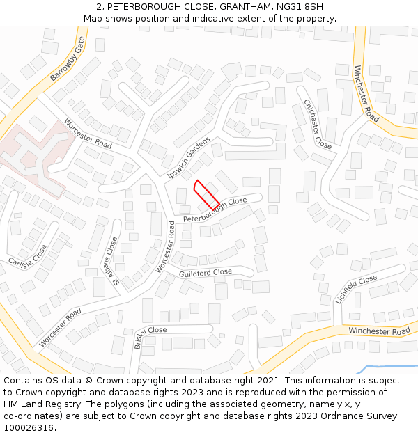 2, PETERBOROUGH CLOSE, GRANTHAM, NG31 8SH: Location map and indicative extent of plot