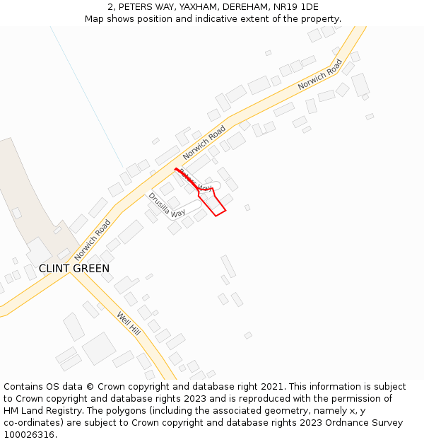 2, PETERS WAY, YAXHAM, DEREHAM, NR19 1DE: Location map and indicative extent of plot