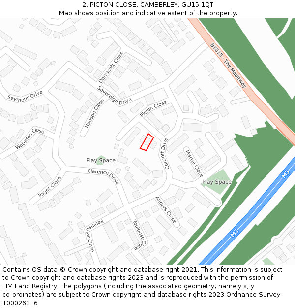 2, PICTON CLOSE, CAMBERLEY, GU15 1QT: Location map and indicative extent of plot