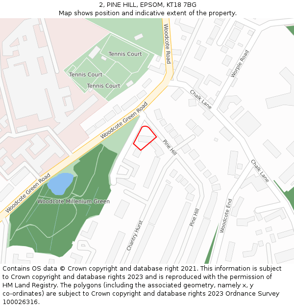 2, PINE HILL, EPSOM, KT18 7BG: Location map and indicative extent of plot