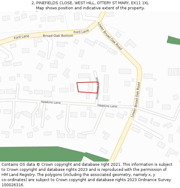 2, PINEFIELDS CLOSE, WEST HILL, OTTERY ST MARY, EX11 1XL: Location map and indicative extent of plot