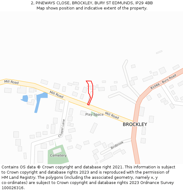 2, PINEWAYS CLOSE, BROCKLEY, BURY ST EDMUNDS, IP29 4BB: Location map and indicative extent of plot