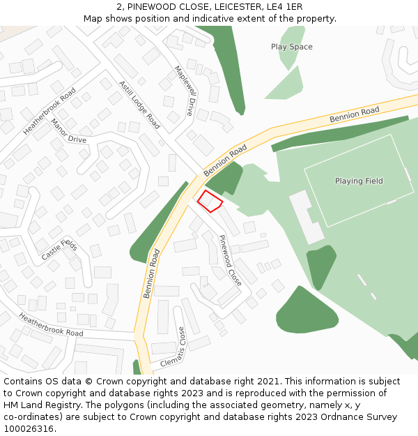 2, PINEWOOD CLOSE, LEICESTER, LE4 1ER: Location map and indicative extent of plot