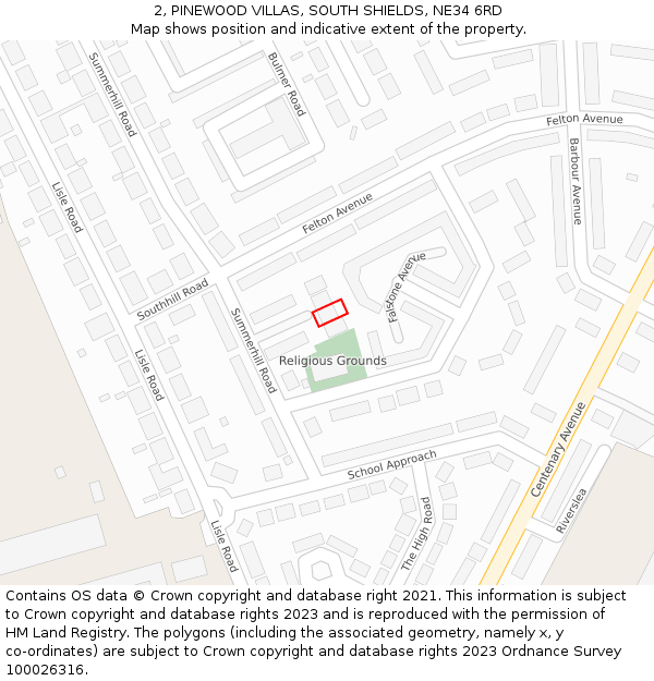 2, PINEWOOD VILLAS, SOUTH SHIELDS, NE34 6RD: Location map and indicative extent of plot