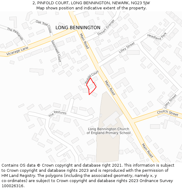 2, PINFOLD COURT, LONG BENNINGTON, NEWARK, NG23 5JW: Location map and indicative extent of plot