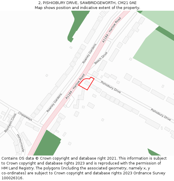 2, PISHIOBURY DRIVE, SAWBRIDGEWORTH, CM21 0AE: Location map and indicative extent of plot