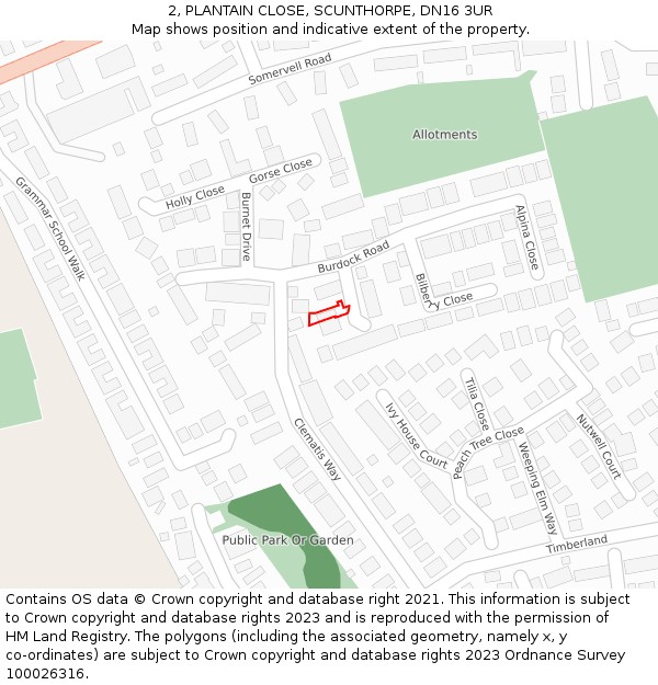 2, PLANTAIN CLOSE, SCUNTHORPE, DN16 3UR: Location map and indicative extent of plot