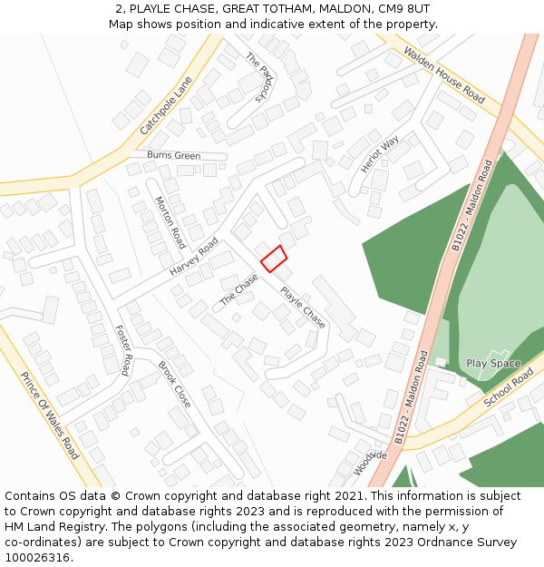 2, PLAYLE CHASE, GREAT TOTHAM, MALDON, CM9 8UT: Location map and indicative extent of plot