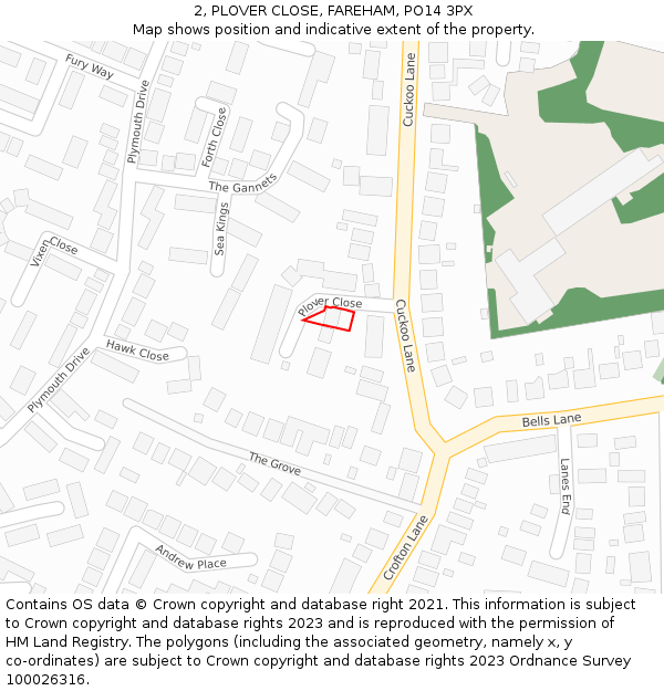 2, PLOVER CLOSE, FAREHAM, PO14 3PX: Location map and indicative extent of plot