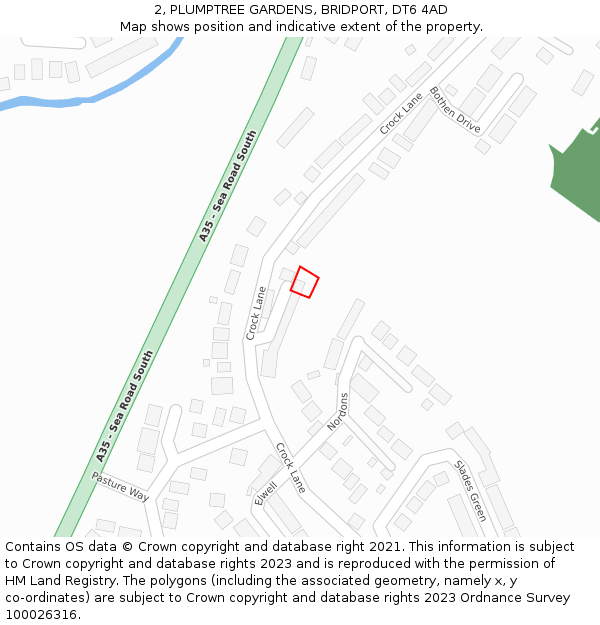 2, PLUMPTREE GARDENS, BRIDPORT, DT6 4AD: Location map and indicative extent of plot