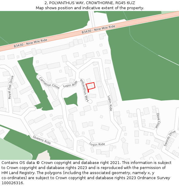 2, POLYANTHUS WAY, CROWTHORNE, RG45 6UZ: Location map and indicative extent of plot