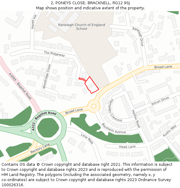 2, PONEYS CLOSE, BRACKNELL, RG12 9SJ: Location map and indicative extent of plot