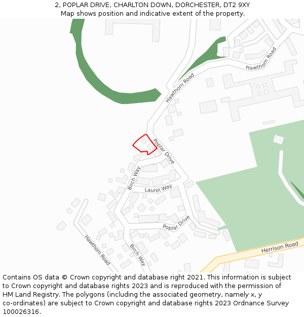 2, POPLAR DRIVE, CHARLTON DOWN, DORCHESTER, DT2 9XY: Location map and indicative extent of plot