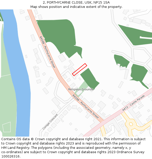 2, PORTHYCARNE CLOSE, USK, NP15 1SA: Location map and indicative extent of plot