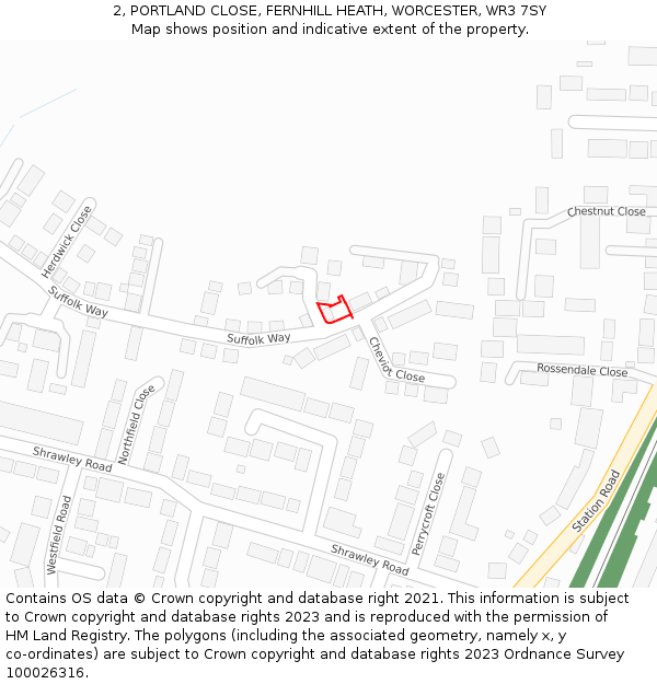 2, PORTLAND CLOSE, FERNHILL HEATH, WORCESTER, WR3 7SY: Location map and indicative extent of plot