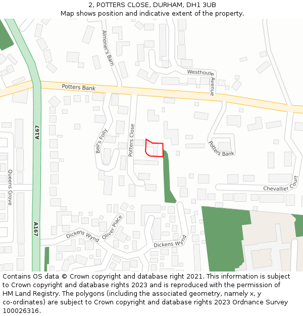 2, POTTERS CLOSE, DURHAM, DH1 3UB: Location map and indicative extent of plot