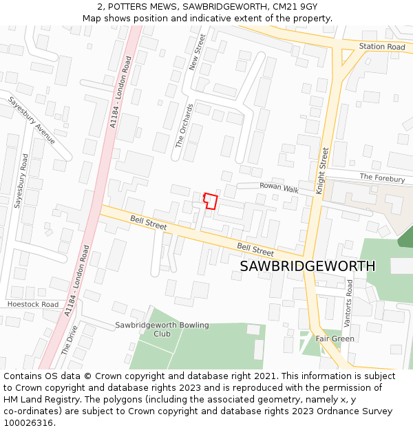2, POTTERS MEWS, SAWBRIDGEWORTH, CM21 9GY: Location map and indicative extent of plot