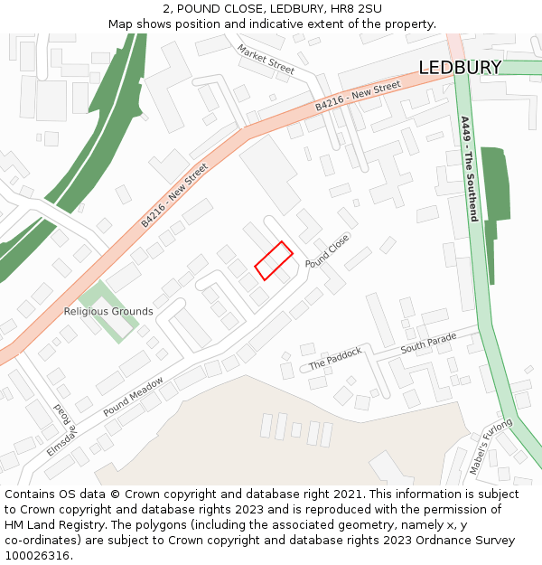 2, POUND CLOSE, LEDBURY, HR8 2SU: Location map and indicative extent of plot